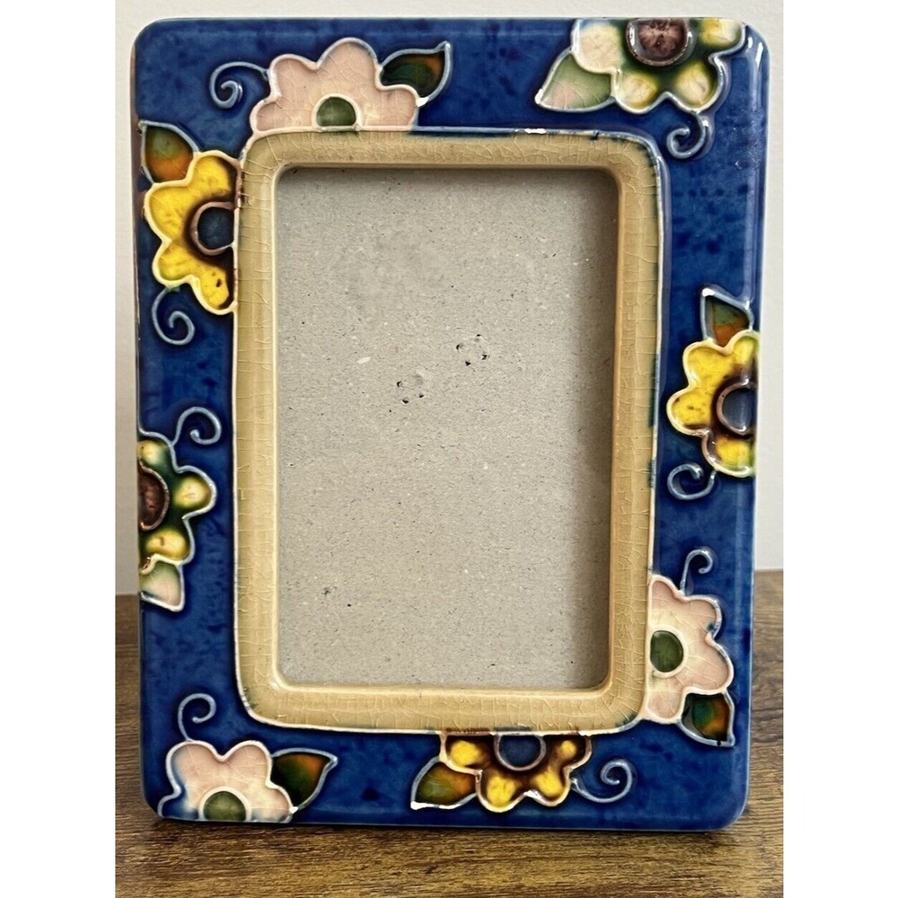 Vtg Pottery Picture Frame Hand Painted Mexican Blue Flower Rectangle Ethnic